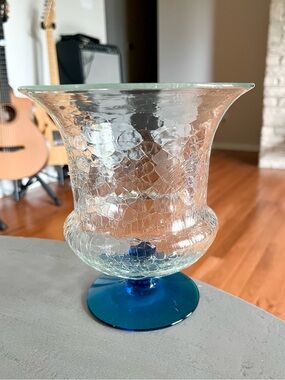 Blenko 428 S Footed Crackle Glass Vase Clear & Blue Vase 7”  Hand Blown